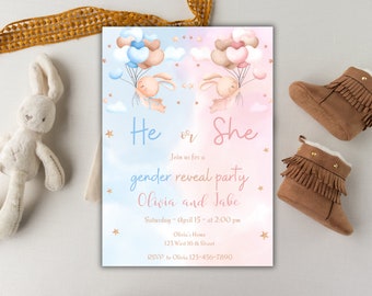 Rabbit Gender Reveal Invitation, Bunny E-Invite (Instant Download)