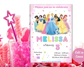 Princess Birthday Invitation Template, Princess Theme Party, Girls Kids Birthday Invite, Editable Printable Instant Download Canva