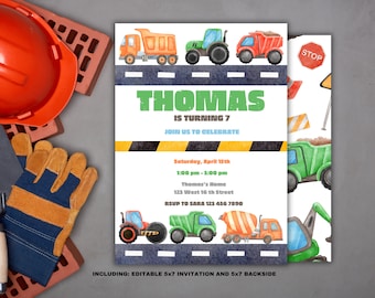 May include: Construction themed birthday invitation with a watercolor illustration of a road with various construction vehicles. The invitation is for Thomas's 7th birthday party. The text on the invitation reads "Thomas is turning 7. Join us to celebrate. Saturday, April 15th, 1:00 pm - 3:00 pm, Thomas's Home, 123 West 16th Street, RSVP to Sara 123 456 7890."