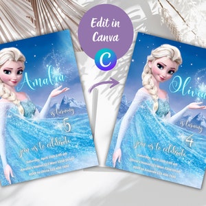 May include: Frozen themed birthday party invitation with a picture of Elsa from the movie Frozen. The invitation is blue and white and says "Amalia is turning 5" and "Olivia is turning 4".
