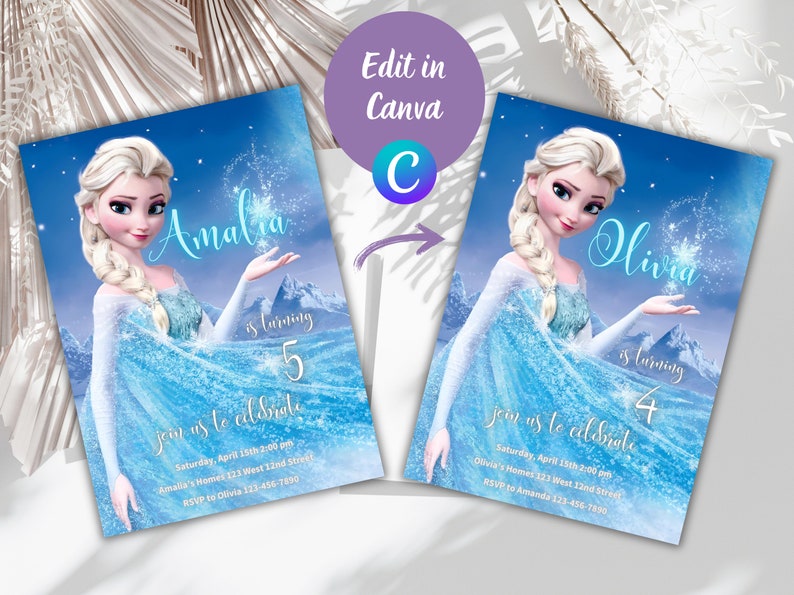 May include: Frozen themed birthday party invitation with a picture of Elsa from the movie Frozen. The invitation is blue and white and says "Amalia is turning 5" and "Olivia is turning 4".