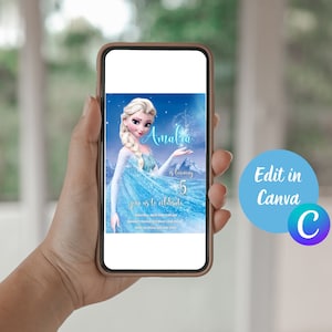 May include: A digital invitation featuring a cartoon image of Elsa from the movie Frozen. The invitation is for a birthday party and says "Amalia is turning 5, join us to celebrate".