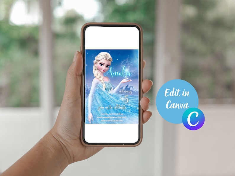 May include: A digital invitation featuring a cartoon image of Elsa from the movie Frozen. The invitation is for a birthday party and says "Amalia is turning 5, join us to celebrate".