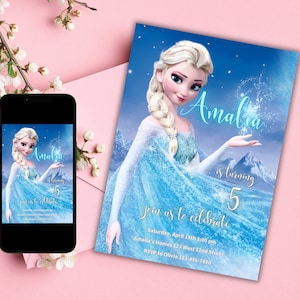 May include: A blue and white Frozen-themed birthday invitation with a picture of Elsa. The invitation says "Amalia is turning 5" and includes details for the party, including the date, time, location, and RSVP information.