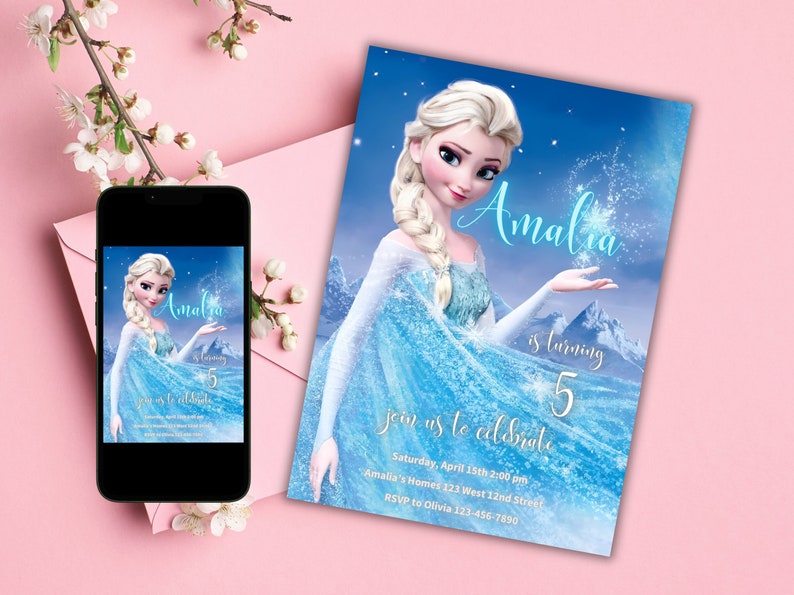 May include: A blue and white Frozen-themed birthday invitation with a picture of Elsa. The invitation says "Amalia is turning 5" and includes details for the party, including the date, time, location, and RSVP information.