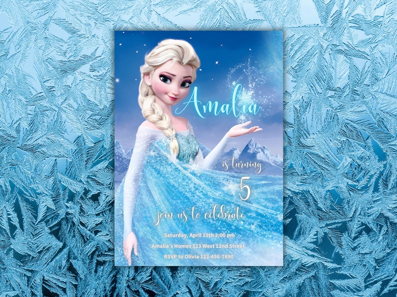 May include: A Frozen-themed birthday invitation featuring a blue and white illustration of Elsa from the movie Frozen. The invitation says "Amalia is turning 5" and includes details for the party, including the date, time, location, and RSVP information.
