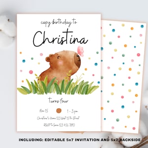 Invitación de cumpleaños editable de carpincho, Invitación de cumpleaños de carpincho, Invitación a fiesta de carpincho imprimible, Chica y niño, Descarga instantánea, Plantilla de Canva