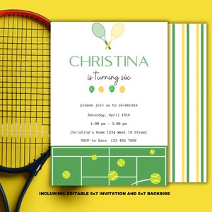 Invitation d'anniversaire de tennis, invitation d'anniversaire de tennis modifiable, invitation de partie de tennis, invitation de jeu de tennis, téléchargement immédiat