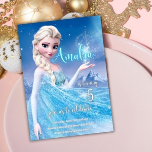 May include: A blue and white birthday invitation featuring a cartoon image of Elsa from the movie Frozen. The invitation says "Amalia is turning 5" and includes details for the party, including the date, time, and location.