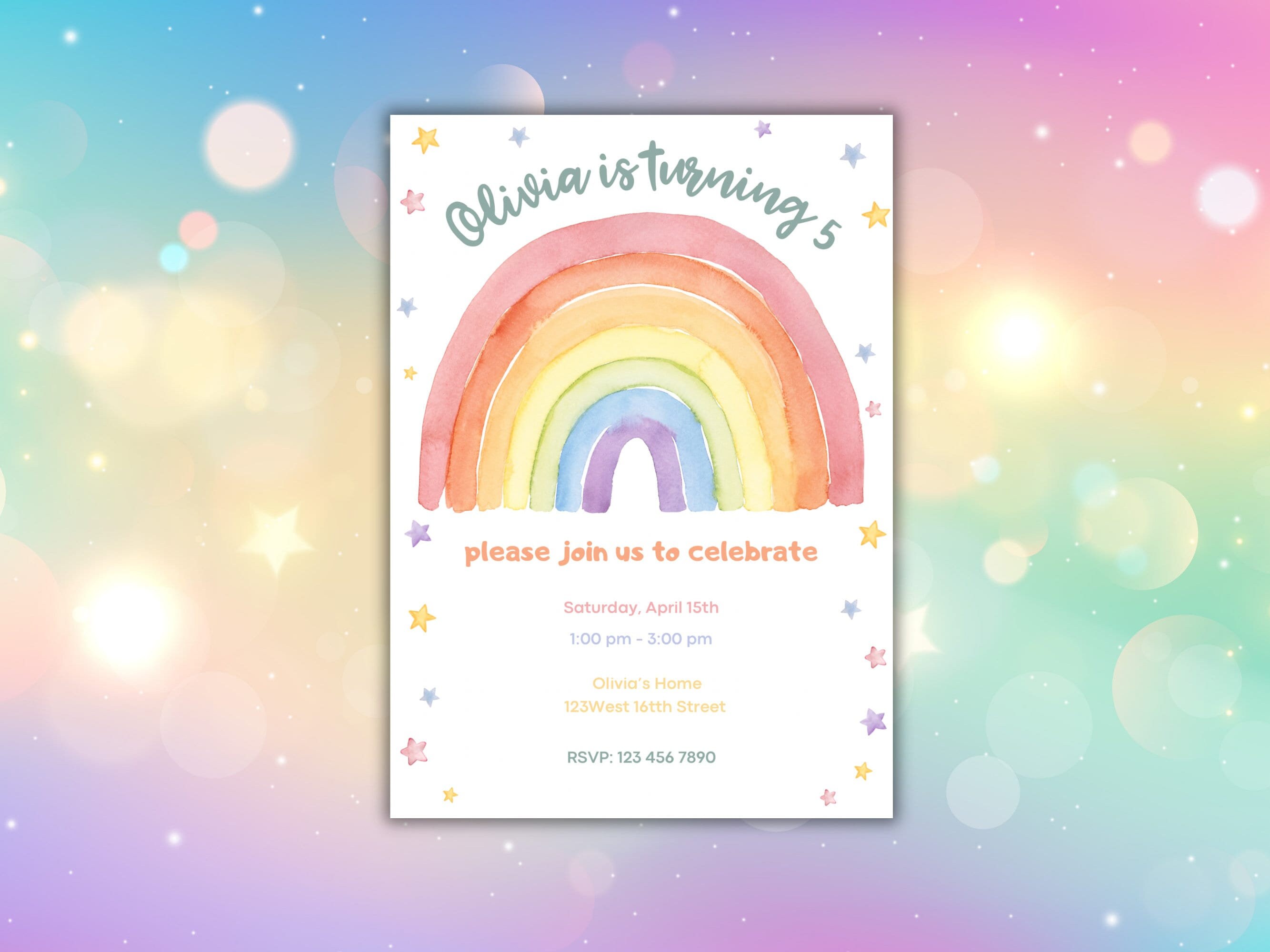 Rainbow Birthday Invitation for Girls Modern Boho Rainbow Party Girls Birthday Invitation Template Editable Printable Download