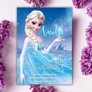 Invito Frozen, invito compleanno Elsa, stampabile compleanno neve invernale, invito Frozen digitale, modello Canva modificabile con download immediato
