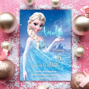 May include: A Frozen-themed birthday invitation featuring a blue and white illustration of Elsa from the movie Frozen. The invitation is for Amalia's 5th birthday party and includes the date, time, and location of the party. The text on the invitation reads "Amalia is turning 5, join us to celebrate, Saturday, April 15th 2:00 pm, Amalia's Homes 123 West 12nd Street, RSVP to Olivia 123-456-7890".