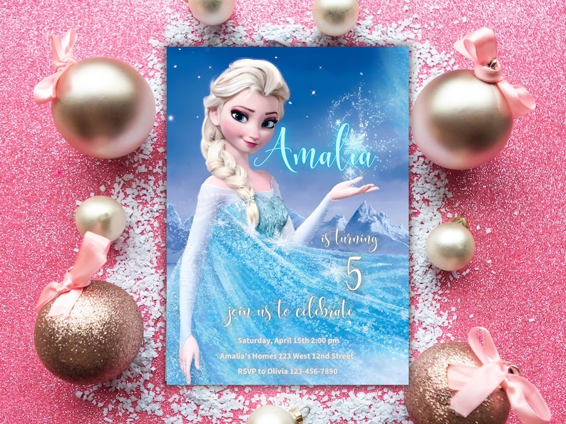 May include: A Frozen-themed birthday invitation featuring a blue and white illustration of Elsa from the movie Frozen. The invitation is for Amalia's 5th birthday party and includes the date, time, and location of the party. The text on the invitation reads "Amalia is turning 5, join us to celebrate, Saturday, April 15th 2:00 pm, Amalia's Homes 123 West 12nd Street, RSVP to Olivia 123-456-7890".