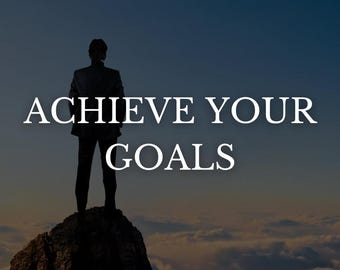 May include: An image with the text "ACHIEVE YOUR GOALS" in white capital letters. A person in a suit stands atop a rocky peak, silhouetted against a gradient sky of blue and orange hues, with clouds below.
