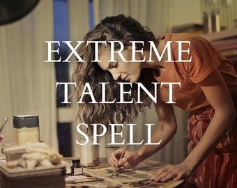 May include: A person in an orange shirt and patterned skirt is painting at a table. The image has the text "EXTREME TALENT SPELL" in white capital letters.