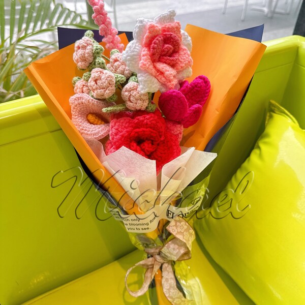 Ręcznie robiony bukiet na szydełku, tulipany, róże, urodziny, ukończenie szkoły, macierzyństwo, wieczny prezent, prezent na rocznicę ślubu