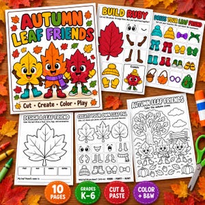 Peut inclure: Un ensemble de feuilles d'activités imprimables intitulées Autumn Leaf Friends présentant des personnages feuilles de dessin animé, des accessoires à découper et des pages à colorier. Le kit inclut des instructions pour découper, créer, colorier et jouer.