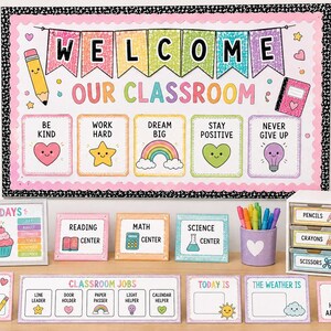 May include: A classroom decor set featuring a large Welcome Our Classroom banner, posters with rules, voice levels, and birthday charts, plus labels for centres, jobs, and supply drawers, all decorated with colourful rainbows, hearts, and stars.
