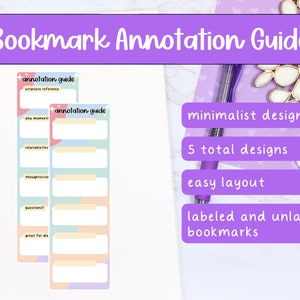 Op de afbeelding: Twee kleurrijke bladwijzer sjablonen met de tekst "annotation guide" en secties voor "scripture reference", "aha moment", "relatable", "thoughts/car", "questions?" en "great for dis". De afbeelding bevat ook tekst die "minimalist design", "5 total designs", "easy layout" en "labeled and unlabeled bookmarks" zegt.