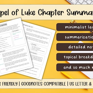 Könnte beinhalten: Druckbare Zusammenfassungen der Kapitel des Lukasevangeliums mit minimalistischem Layout, detaillierten Notizen und thematischen Aufschlüsselungen. Das Dokument ist druckfreundlich und mit GoodNotes kompatibel. Das Dokument ist in den Formaten US Letter und A5 verfügbar.