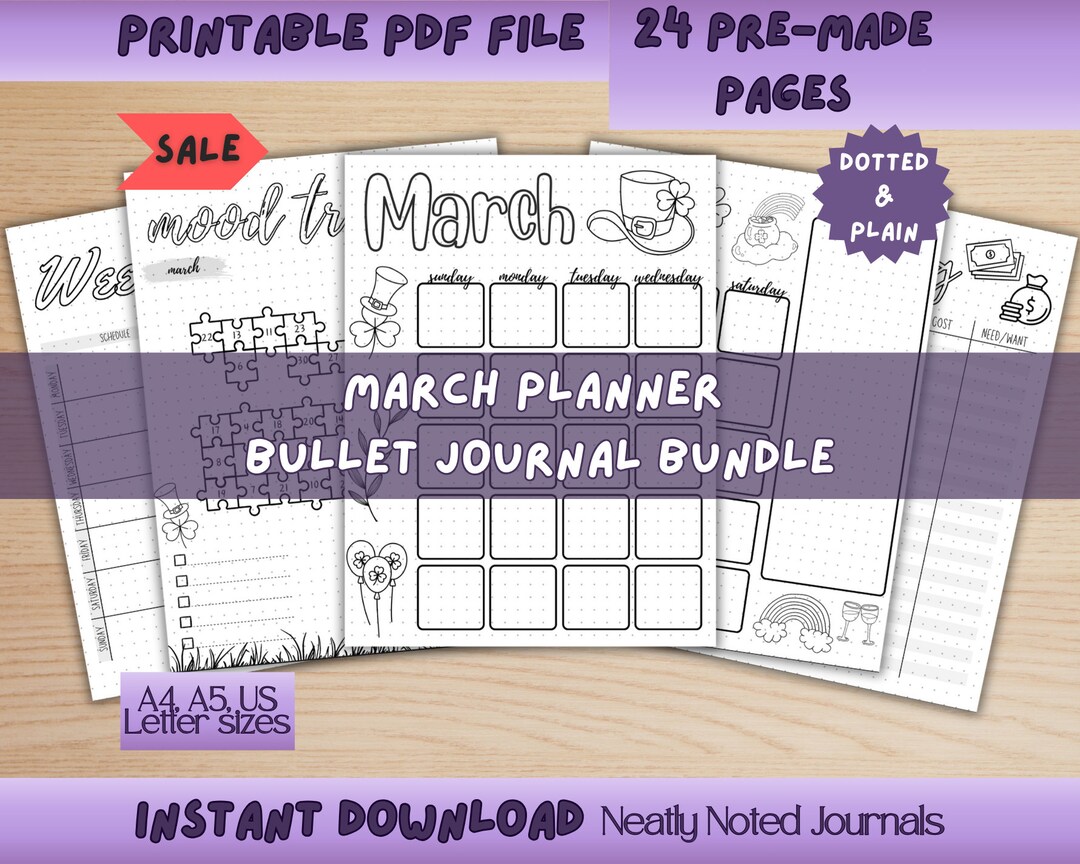March Pre-made Bullet Dotted Journal Pages Instant Download Printable ...
