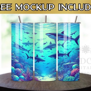Sublimation Shark Sea Underwater 20 oz Skinny Tumbler Design Sublimation Digital Download PNG Instant DIGITAL ONLY Shark Week Lovers Gift