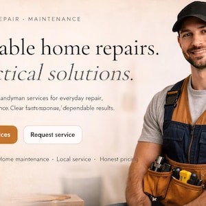 Puede incluir: Imagen que promociona servicios de reparación. El texto dice "Reparaciones domésticas confiables. Soluciones prácticas". Se muestra a un hombre sonriente con gorra negra y overoles de trabajo. Botones "Ver servicios" y "Solicitar servicio".