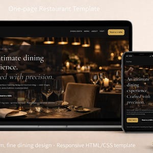 May include: A laptop and smartphone display a restaurant website design. The website features a dark theme with the text "An intimate dining experience. Crafted with precision." The design is for a premium, fine dining restaurant.