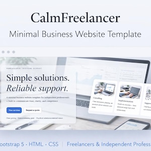 May include: A digital mockup of a website template titled "CalmFreelancer" with the text "Simple solutions. Reliable support." The design includes a laptop, phone, and three service icons. The template is for freelancers and independent professionals.