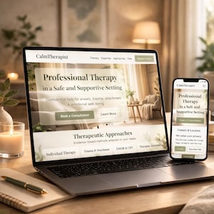 Könnte beinhalten: Ein Laptop und ein Smartphone, die die CalmTherapist-Website anzeigen. Der Laptop zeigt "Professional Therapy in a Safe and Supportive Setting". Das Smartphone spiegelt den Inhalt der Website wider. Eine Kerze, ein Stift und ein Notizblock befinden sich auf der Holzoberfläche.
