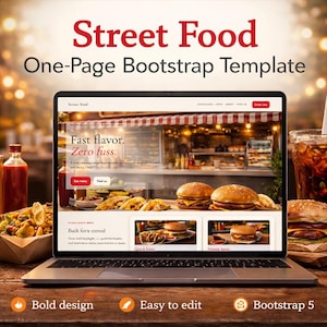 Könnte beinhalten: Ein Laptop zeigt eine Website-Vorlage für ein Streetfood-Geschäft. Die Website zeigt Bilder von Burgern und Tacos. Auf dem Bildschirm steht "Street Food" und "Fast flavor. Zero fuss."