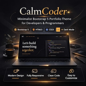 Peut inclure: Un ordinateur portable affichant du code, avec le texte "Let's build something together." L'image fait la promotion d'un thème de portfolio Bootstrap 5 minimaliste pour développeurs et programmeurs, avec des icônes pour Modern Design, Fully Responsive, Clean Code et Easy to Customize.