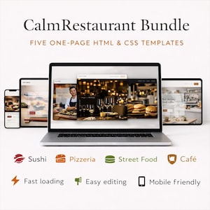 May include: A laptop, tablet, and smartphone display restaurant website templates. The text reads "Calm Restaurant Bundle" and "FIVE ONE-PAGE HTML & CSS TEMPLATES." Icons for sushi, pizzeria, street food, and café are shown. Additional features include fast loading, easy editing, and mobile-friendly.