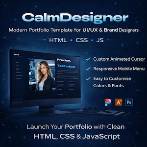 Może przedstawiać: Ciemnoniebieska grafika promująca CalmDesigner, nowoczesny szablon portfolio dla projektantów UI/UX i marek. Obraz przedstawia ekran komputera z kobietą i projektem strony internetowej, z tekstem podkreślającym funkcje, takie jak niestandardowy kursor.