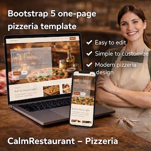 May include: A laptop and smartphone showcase a pizzeria website template. The laptop displays a pizza image with the text "Hot slices. Happy nights." The smartphone mirrors the website design. Text reads "Bootstrap 5 one-page pizzeria template" and "CalmRestaurant - Pizzeria."