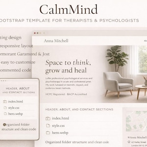 Puede incluir: Una plantilla de sitio web para terapeutas y psicólogos, con un diseño limpio. El diseño incluye una vista de escritorio, una vista de tableta y una vista móvil. El sitio web muestra el texto "Space to think, grow and heal."
