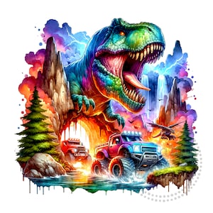 Dinosaur and Big Trucks Watercolor Sublimation Digital Download PNG Kids Shirt Design, Dinosaur Birthday PNG