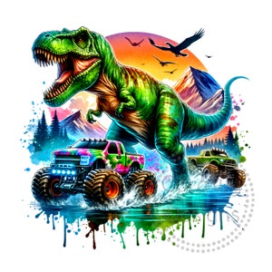 Dinosaur Big Trucks Watercolor Sublimation Digital Download PNG Kids Shirt Design, Kids PNG Designs for T-Shirt, Dinosaur Birthday Party PNG