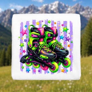 May include: A pair of black inline skates with neon green and pink accents, featuring a graphic design of colorful stars and vertical purple stripes on a white background. The skates have bright green laces and vibrant pink and green wheels.
