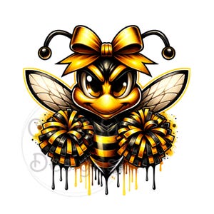 May include: A cartoon bee illustration with a yellow bow, pom-poms, and dripping honey. The bee is black and yellow with a stern expression. The pom-poms are black and yellow. The image has a white background.