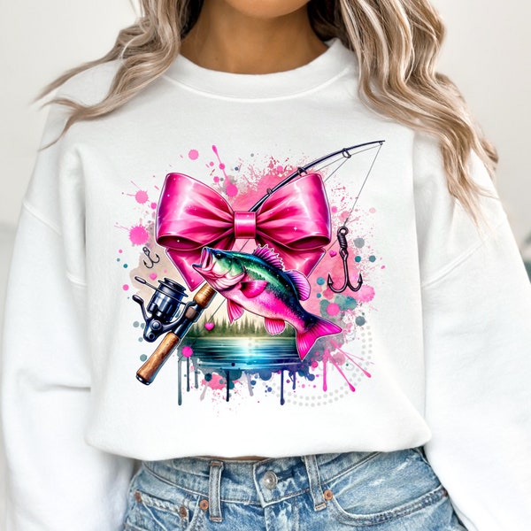 Coquette Bow Fishing Pole Watercolor Sublimation Digital Download PNG, Bass Fishing PNG, Soft Girl Era, Pink Bow Shirt Design