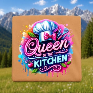 Peut inclure: Un article carré beige avec l'inscription "Queen of the Kitchen" en rose et bleu néon. Le motif comprend une toque de chef, un fouet et des éclaboussures de peinture colorées. Des feuilles vertes et une pomme rouge agrémentent le motif.