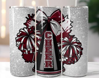 Vaso delgado de 20 oz con lazo de alegría color granate y plateado, diseño de descarga digital