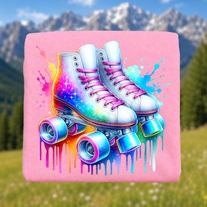 May include: Pink graphic featuring a pair of white roller skates with rainbow accents and pink laces. The wheels are blue and the design includes colourful paint splatters. The background shows a mountain range and green grass.