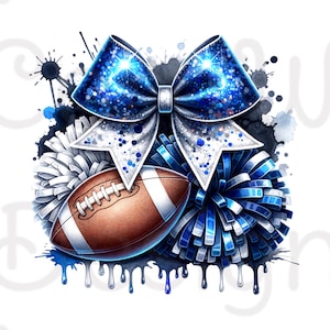 Cheer Bow Blue White Pom Poms Football Sublimation Digital Download PNG Cheerleading Design