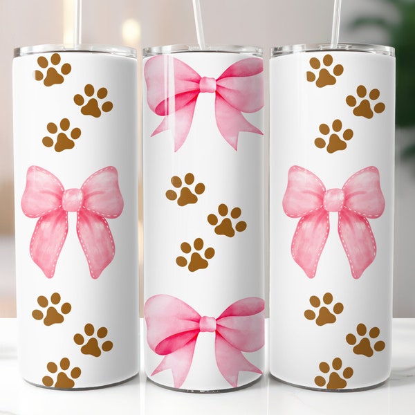 Coquette Bows and Dog Paws 20 oz Skinny Tumbler Sublimation Digital Download PNG Design, Girlie Png, Soft Girl Png, Bow Collage, Trendy Bows