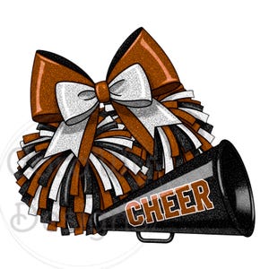 Cheerleading Burnt Orange Black Pom Poms Bow Sublimation Digital Download PNG Cheer Megaphone