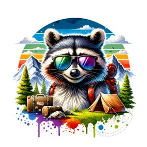 Racoon Camping Watercolor Sublimation Digital Download PNG Outdoors Design Gift for Racoon Lovers
