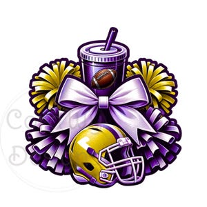 Cheer Purple Yellow Pom Poms Bow Sublimation Digital Download PNG Football Design