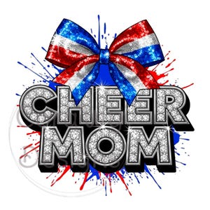 Cheer Mom Red Blue Silver Sublimation Digital Download PNG Cheerleading Bow Design